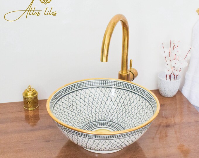 Ceramic Sink Basin Brass Edge For Bathroom 100% Handmade,Vessel Sink,Custom Sink Vanity,Pottery Handmade Sinks for Bathroom Decoration.