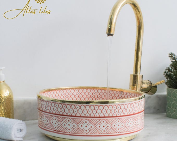 Ceramic Sink Basin Brass Edge For Bathroom 100% Handmade,Vessel Sink,Custom Sink Vanity,Pottery Handmade Sinks for Bathroom Decoration.