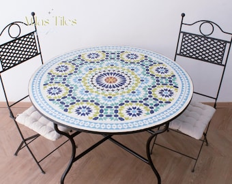 White/ Beige Mosaic Table for Outdoor Patio 100% Handmade,Round Mosaic Table,Ceramic Table,Customizable Table,Dinner Coffee Table
