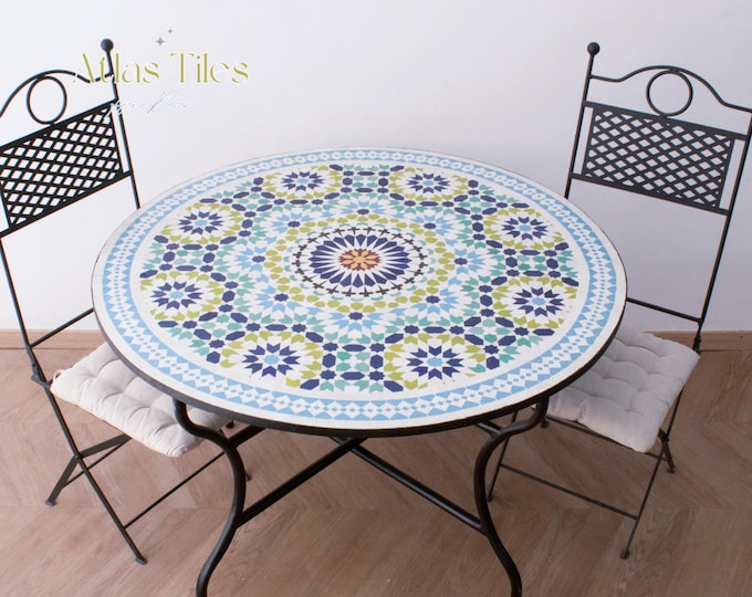 White/ Beige Mosaic Table for Outdoor Patio 100% Handmade,Round Mosaic Table,Ceramic Table,Customizable Table,Dinner Coffee Table