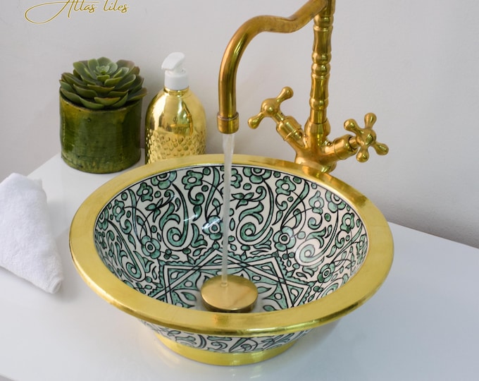 Ceramic Sink Basin Brass Edge For Bathroom 100% Handmade,Vessel Sink,Custom Sink Vanity,Pottery Handmade Sinks for Bathroom Decoration.
