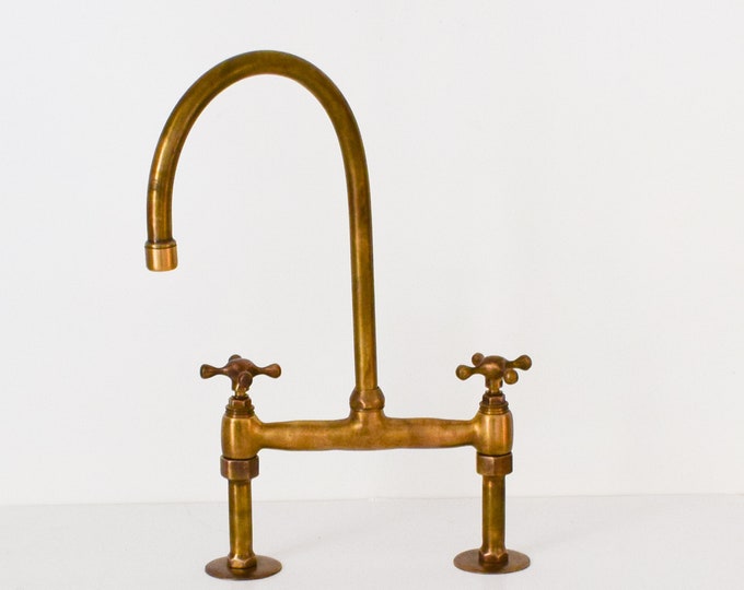 Kitchen Antique Looking Brass Island Faucet, Unlacquered Brass Bridge Kitchen Faucet, 2 Holes Sink Faucet for Kitchen