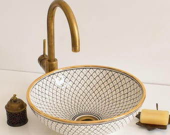 Ceramic Sink with Brass edge for Bathroom 100% Handmade,Vessel Sink,Custom Sink Vanity,Pottery Handmade Sinks for Bathroom Decoration.