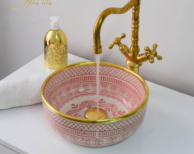 Ceramic Sink Basin Brass Edge For Bathroom 100% Handmade,Vessel Sink,Custom Sink Vanity,Pottery Handmade Sinks for Bathroom Decoration.
