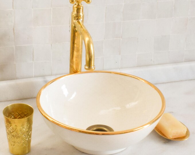 Ceramic Sink Basin Brass Edge For Bathroom 100% Handmade,Vessel Sink,Custom Sink Vanity,Pottery Handmade Sinks for Bathroom Decoration.