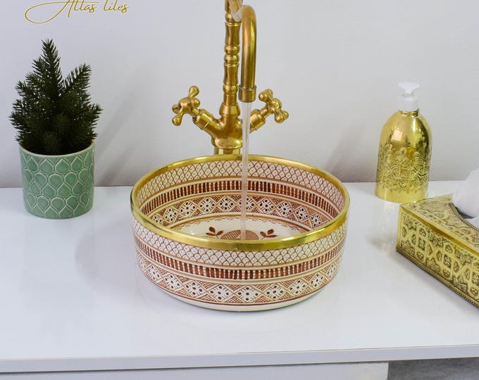 Ceramic Sink Basin Brass Edge For Bathroom 100% Handmade,Vessel Sink,Custom Sink Vanity,Pottery Handmade Sinks for Bathroom Decoration.