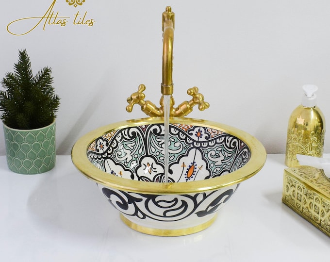 Ceramic Sink Basin Brass Edge For Bathroom 100% Handmade,Vessel Sink,Custom Sink Vanity,Pottery Handmade Sinks for Bathroom Decoration.