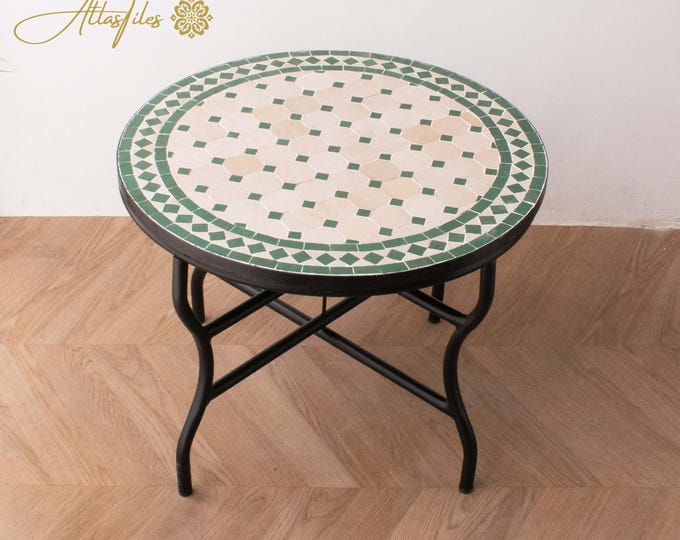 White/ Beige Mosaic Table for Outdoor Patio 100% Handmade,Round Mosaic Table,Ceramic Table,Customizable Table,Dinner Coffee Table