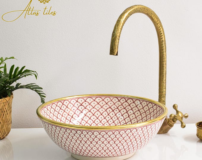 Ceramic Sink Basin Brass Edge For Bathroom 100% Handmade,Vessel Sink,Custom Sink Vanity,Pottery Handmade Sinks for Bathroom Decoration.
