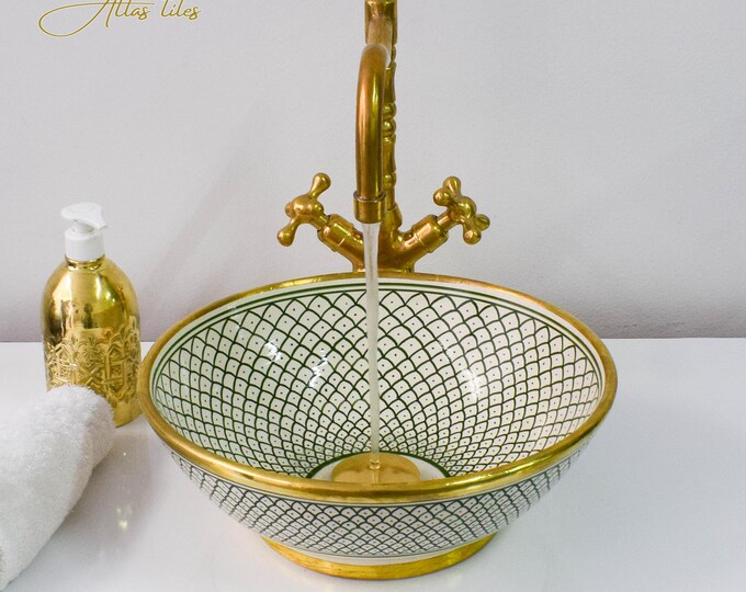 Ceramic Sink Basin Brass Edge For Bathroom 100% Handmade,Vessel Sink,Custom Sink Vanity,Pottery Handmade Sinks for Bathroom Decoration.