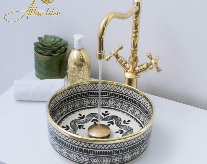 Ceramic Sink Basin Brass Edge For Bathroom 100% Handmade,Vessel Sink,Custom Sink Vanity,Pottery Handmade Sinks for Bathroom Decoration.