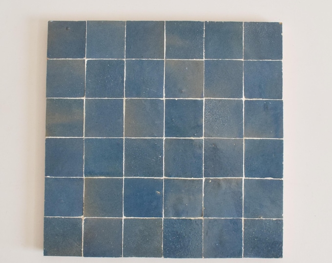 Teal Blue Zellige Panel, Authentic Moroccan Handmade 12in x 12in Zellige Panel, Floor & Wall Glazed Solid Color, Backsplash Assembled Tiles