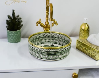 Ceramic Sink Basin Brass Edge For Bathroom 100% Handmade,Vessel Sink,Custom Sink Vanity,Pottery Handmade Sinks for Bathroom Decoration.