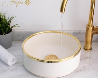 Ceramic Sink Basin Brass Edge For Bathroom 100% Handmade,Vessel Sink,Custom Sink Vanity,Pottery Handmade Sinks for Bathroom Decoration.