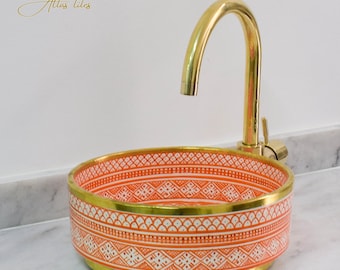 Ceramic Sink Basin Brass Edge For Bathroom 100% Handmade,Vessel Sink,Custom Sink Vanity,Pottery Handmade Sinks for Bathroom Decoration.