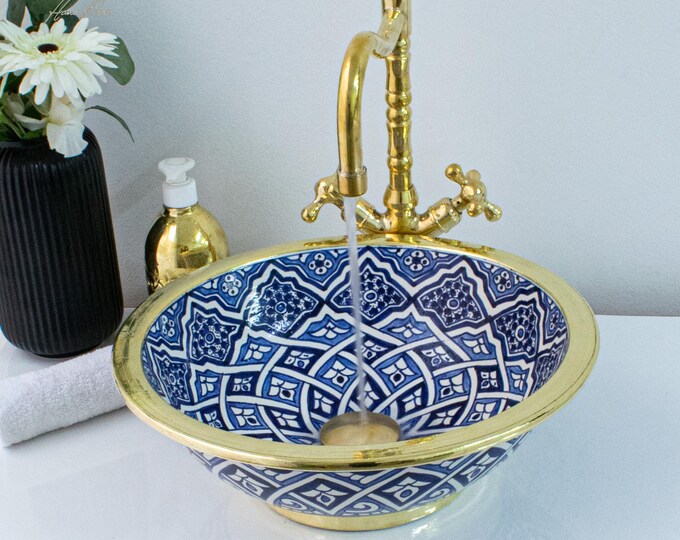 Ceramic Sink Basin Brass Edge For Bathroom 100% Handmade,Vessel Sink,Custom Sink Vanity,Pottery Handmade Sinks for Bathroom Decoration.