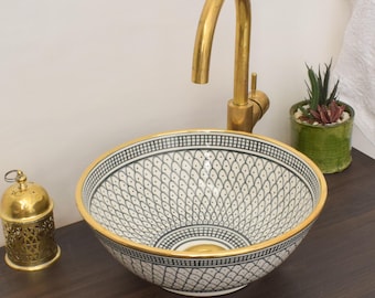 Ceramic Sink Basin Brass Edge For Bathroom 100% Handmade,Vessel Sink,Custom Sink Vanity,Pottery Handmade Sinks for Bathroom Decoration.