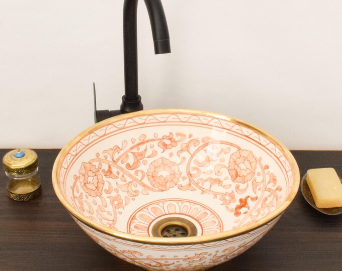 Ceramic Sink Basin Brass Edge For Bathroom 100% Handmade,Vessel Sink,Custom Sink Vanity,Pottery Handmade Sinks for Bathroom Decoration.