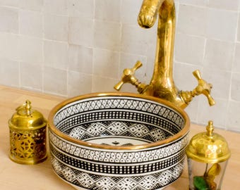 Black Ceramic Sink Basin Brass Edge For Bathroom 100% Handmade,Vessel Sink,Custom Sink Vanity,Pottery Handmade Sinks for Bathroom Decoration