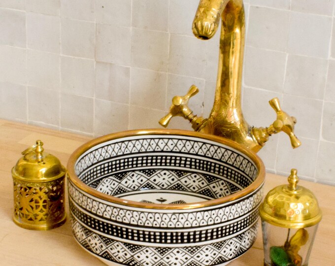 Ceramic Sink Basin Brass Edge For Bathroom 100% Handmade,Vessel Sink,Custom Sink Vanity,Pottery Handmade Sinks for Bathroom Decoration.