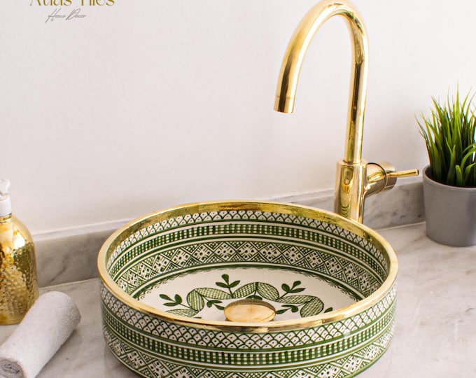 Ceramic Sink Basin Brass Edge For Bathroom 100% Handmade,Vessel Sink,Custom Sink Vanity,Pottery Handmade Sinks for Bathroom Decoration.
