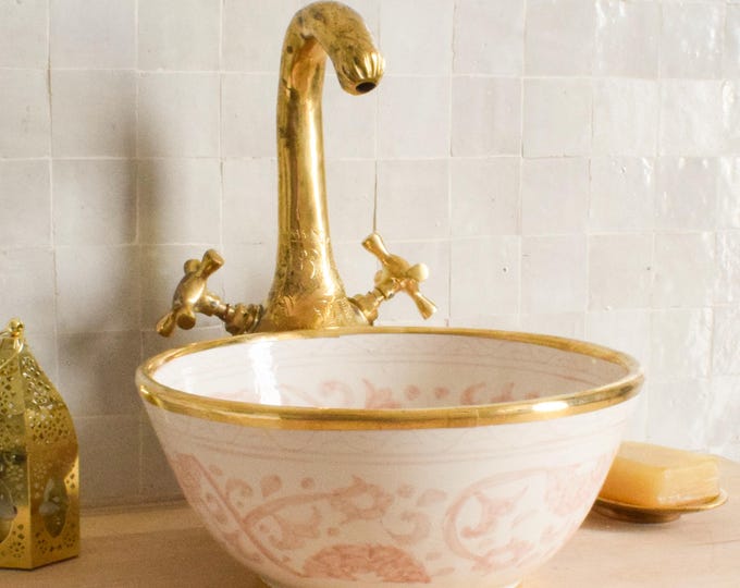 Ceramic Sink Basin Brass Edge For Bathroom 100% Handmade,Vessel Sink,Custom Sink Vanity,Pottery Handmade Sinks for Bathroom Decoration.