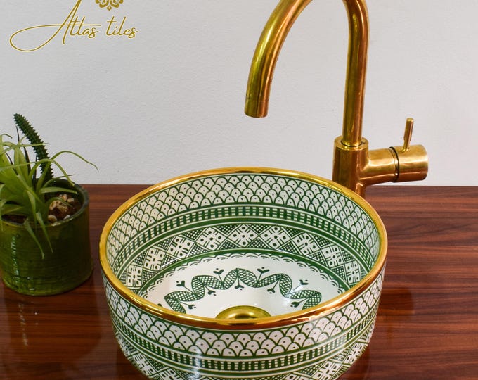 Ceramic Sink Basin Brass Edge For Bathroom 100% Handmade,Vessel Sink,Custom Sink Vanity,Pottery Handmade Sinks for Bathroom Decoration.