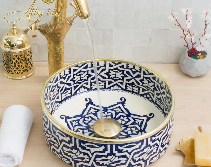 Ceramic Sink Basin Brass Edge For Bathroom 100% Handmade,Vessel Sink,Custom Sink Vanity,Pottery Handmade Sinks for Bathroom Decoration.
