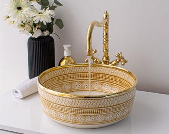 Ceramic Sink Basin Brass Edge For Bathroom 100% Handmade,Vessel Sink,Custom Sink Vanity,Pottery Handmade Sinks for Bathroom Decoration.