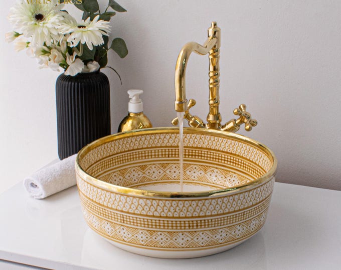 Ceramic Sink Basin Brass Edge For Bathroom 100% Handmade,Vessel Sink,Custom Sink Vanity,Pottery Handmade Sinks for Bathroom Decoration.