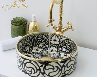 Black Ceramic Sink Basin Brass Edge For Bathroom 100% Handmade,Vessel Sink,Custom Sink Vanity,Pottery Handmade Sinks for Bathroom Decoration