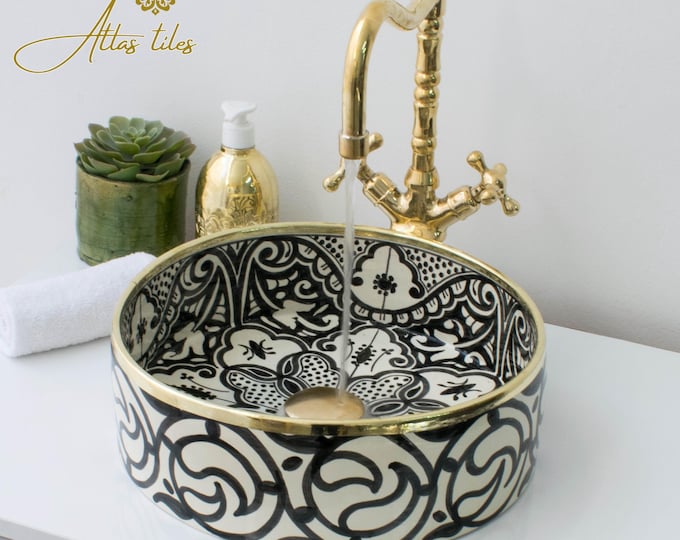 Ceramic Sink Basin Brass Edge For Bathroom 100% Handmade,Vessel Sink,Custom Sink Vanity,Pottery Handmade Sinks for Bathroom Decoration.