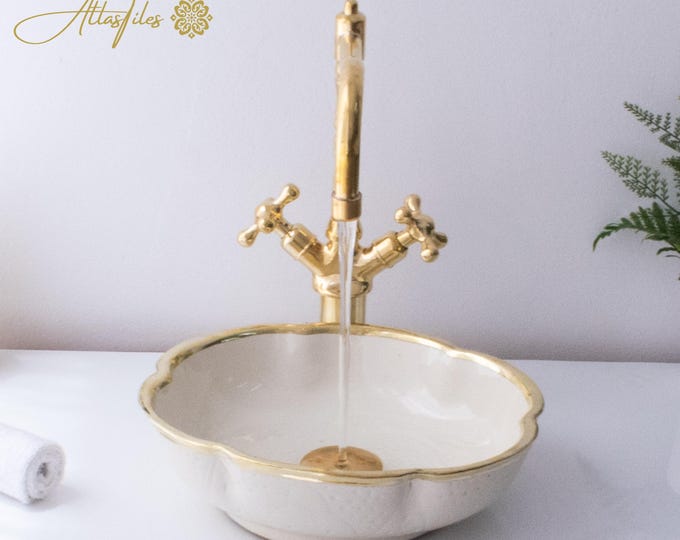 White Ceramic Sink for Bathroom with brass rim ,Best Deals Etsy,Vessel Sink,Custom Sink Vanity,Pottery Handmade Sinks for Bathroom.