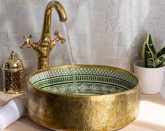 Ceramic Sink Basin Brass Edge For Bathroom 100% Handmade,Vessel Sink,Custom Sink Vanity,Pottery Handmade Sinks for Bathroom Decoration.