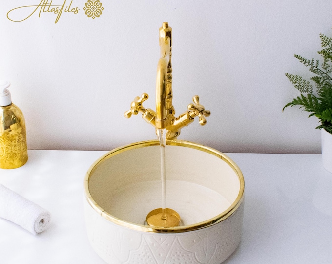 Ceramic Sink Basin Brass Edge For Bathroom 100% Handmade,Vessel Sink,Custom Sink Vanity,Pottery Handmade Sinks for Bathroom Decoration.