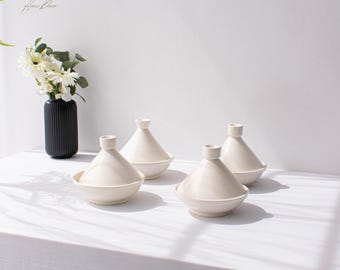 4 White Natural Handmade Ceramic Tajine Set, Genuine Moroccan Natural White 20 cm Ceramic Tajine Set, Serving Set , Tableware Collection,