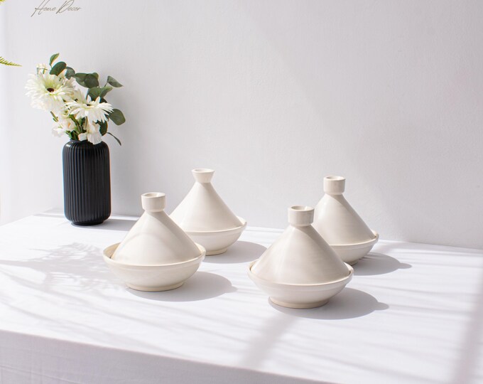 4 White Natural Handmade Ceramic Tajine Set, Genuine Moroccan Natural White 20 cm Ceramic Tajine Set, Serving Set , Tableware Collection,