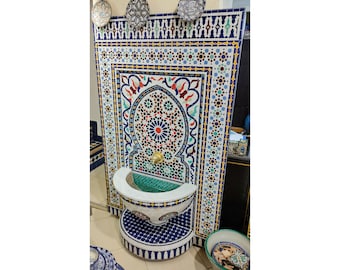 Garden Mosaic Fountain for Outdoor Patio 100%Handmade,Andalusian Tile Artwork,Wall Mounted Fountain, Handmade Fountain,Patio Decor
