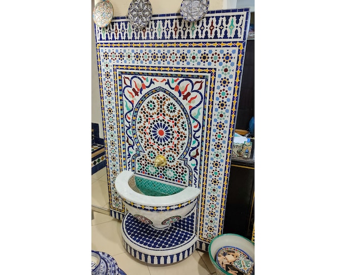 Garden Mosaic Fountain for Outdoor Patio 100%Handmade,Andalusian Tile Artwork,Wall Mounted Fountain, Handmade Fountain,Patio Decor