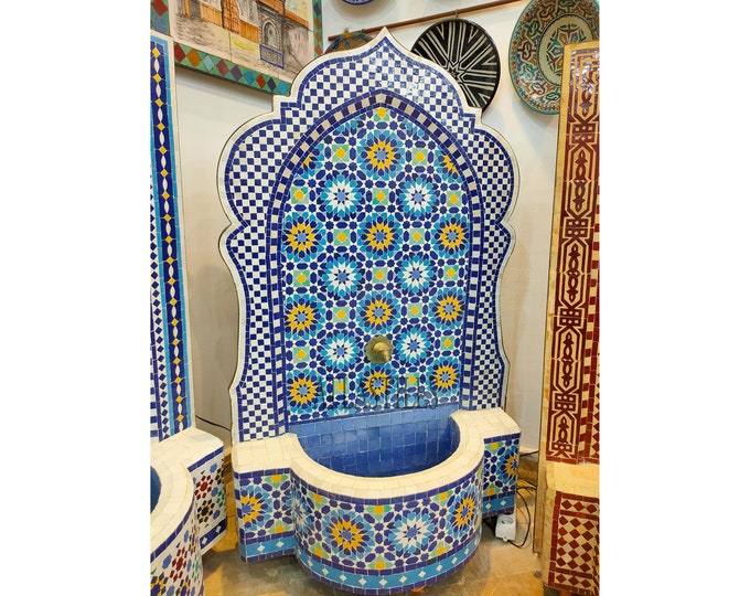 Blue Mosaic Fountain 100% Handmade for Patio,Moroccan Mural Fountain,Wall Water Fountain,Tile Decor Art,Customizable Gift