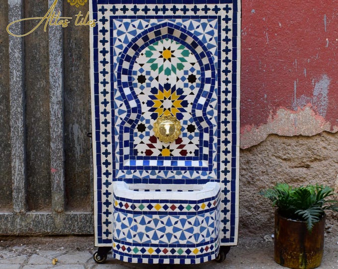 Garden Mosaic Fountain for Outdoor Patio 100%Handmade,Andalusian Tile Artwork,Wall Mounted Fountain, Handmade Fountain,Patio Decor