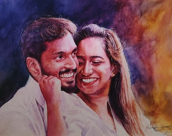 Original custom watercolor couple portrait painting - portrait from photo, painting for anniversary gift