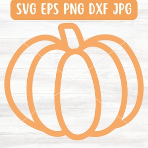 May include: A simple line drawing of an orange pumpkin with a stem. The pumpkin is outlined in a thick, dark orange line.