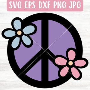 Archivo SVG de signo de paz de flores para Cricut, SVG hippie para Silhouette, SVG en capas para vinilo, descarga de archivo PNG de símbolo de paz, vector SVG de los años 70