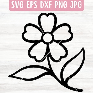 May include: A black and white line drawing of a simple flower with five petals and two leaves.