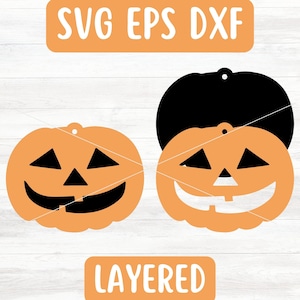 May include: Layered SVG cut file for a Halloween jack-o'-lantern. The file includes two layers: a black outline and an orange pumpkin with a carved face.