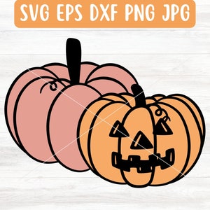 May include: A pair of pumpkins, one orange with a carved jack-o'-lantern face and one pink. The pumpkins are outlined in black.