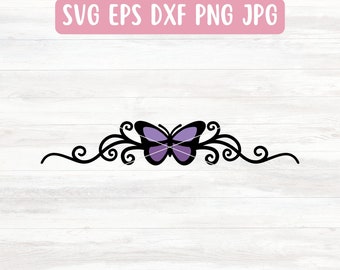 Archivo SVG de borde de mariposa para Cricut, divisor de texto SVG para silueta, diseño de borde de mariposa PNG transparente, borde de remolino SVG vectorial