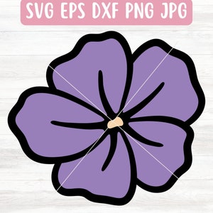 May include: A purple flower with five petals and a yellow center. The flower is outlined in black.