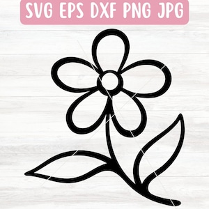 May include: A black and white line drawing of a simple flower with five petals and two leaves.
